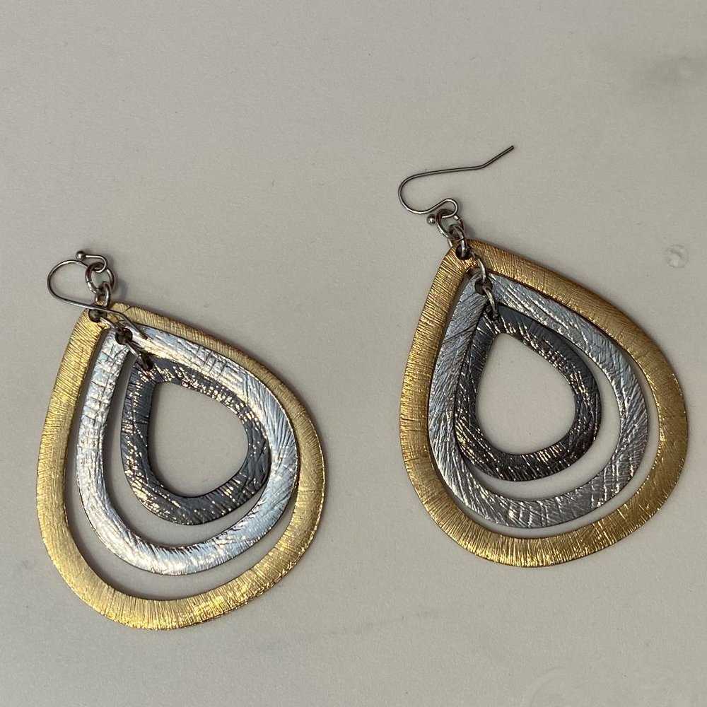 Earrings, three tone metal